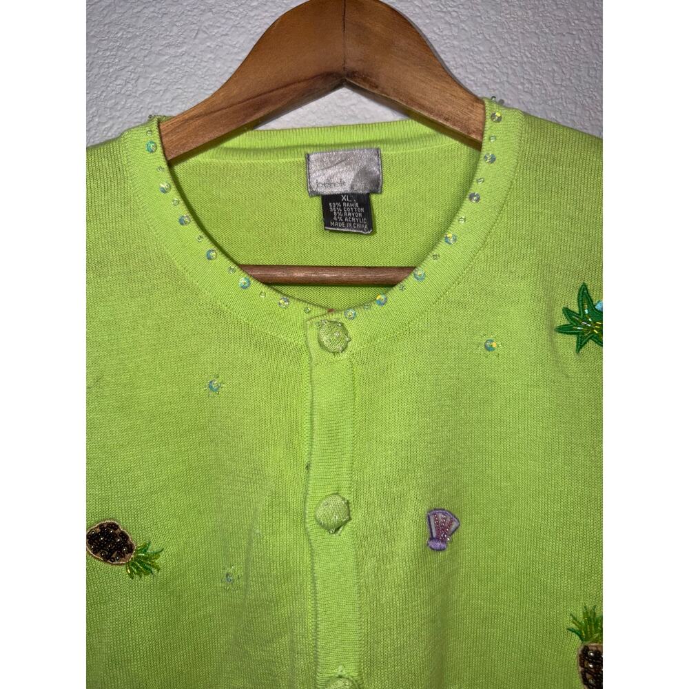Vintage Berek Flamingo Tropical Cardigan Lime Green Novelty Sweater XL - Picture 9 of 11